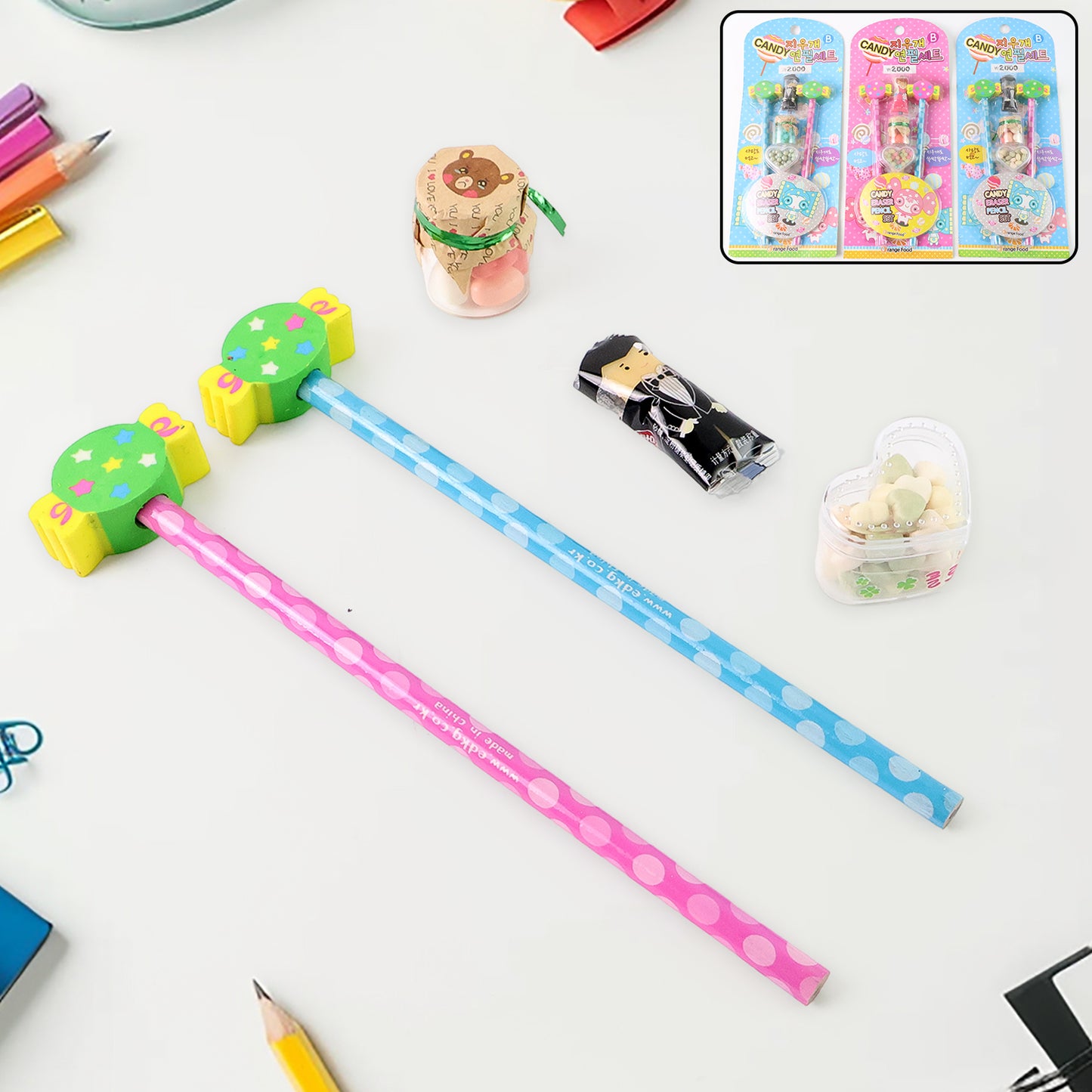 Wukusy fun candy design pencil set with colorful accessories for office use, featuring multiple sweet-themed pencils and accessories.