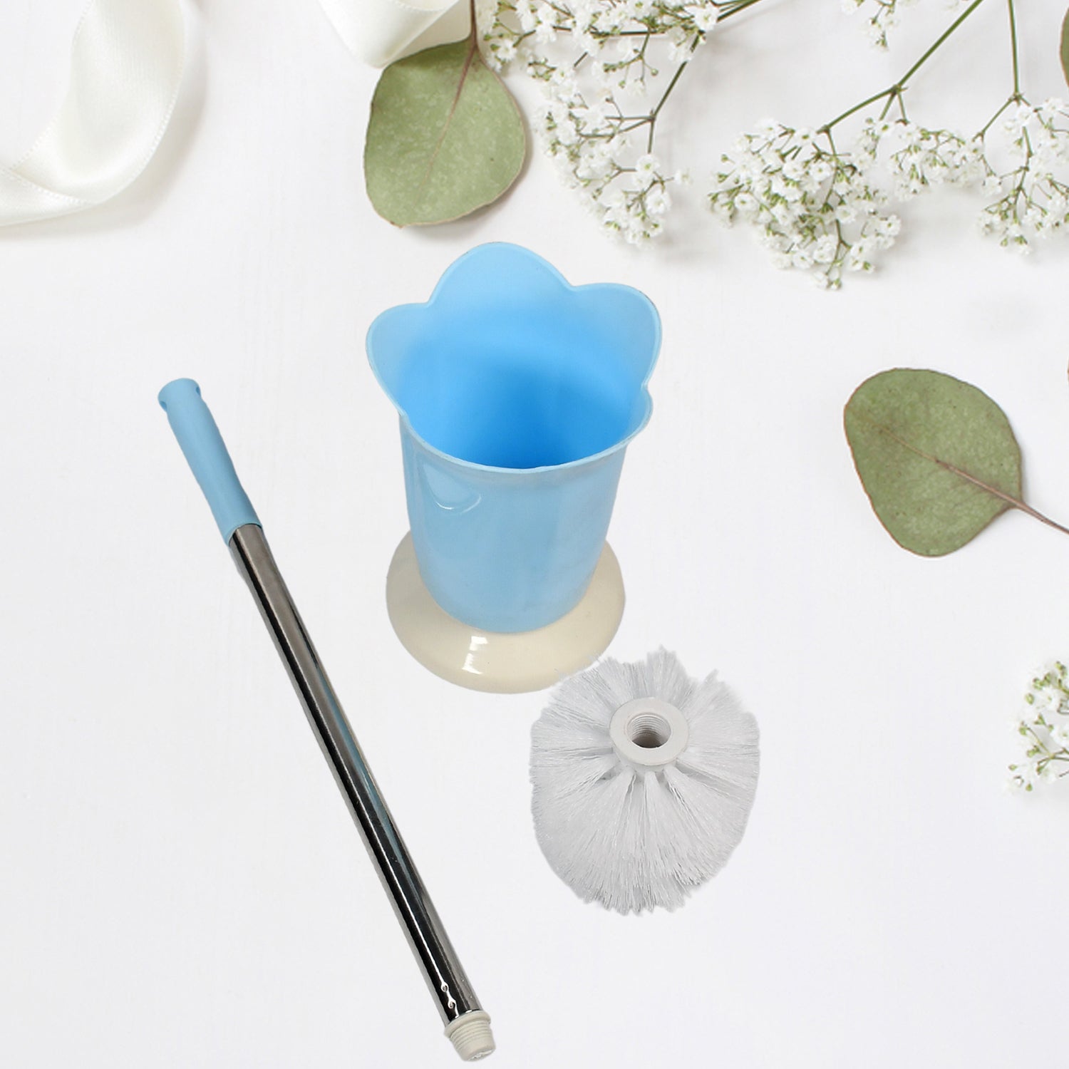 Wukusy premium plastic toilet brush with holder stand, suitable for Western and Indian toilets, used for bathroom cleaning.