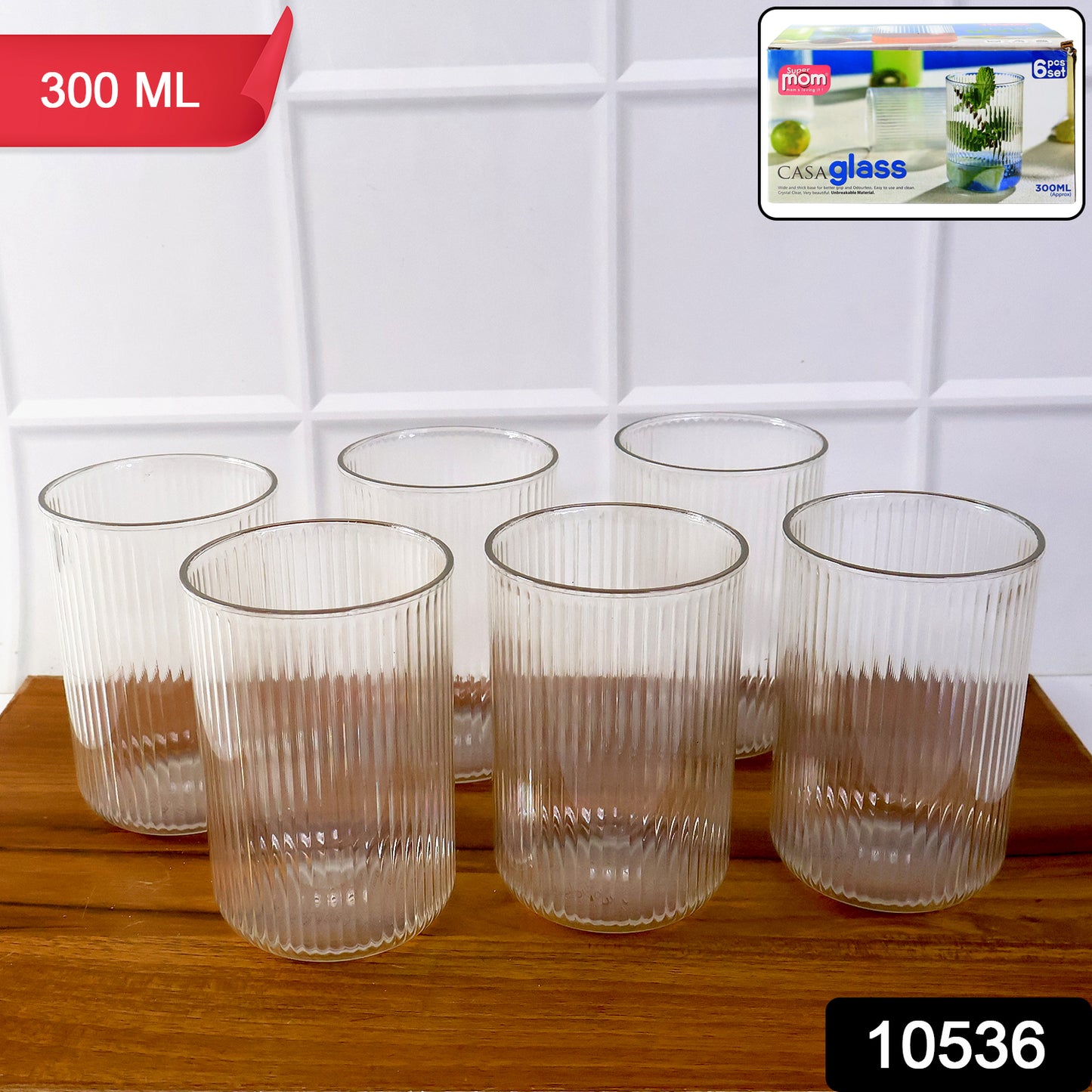 Set of six Wukusy Supermom Casa glass tumblers for home and kitchen use, clear glass with a sleek design.