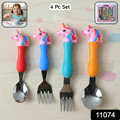 Wukusy unicorn theme kids spoon and fork set with colorful plastic handles, 4-piece children’s eating utensil set, playful design