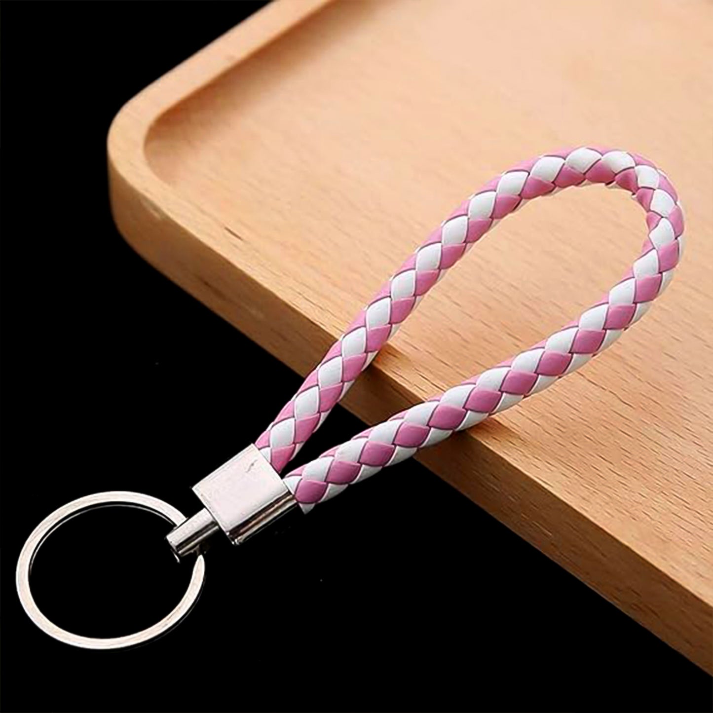 Leather style keychain with metal ring, Wukusy home improvement accessory, featuring a durable leather strap and metal loop.
