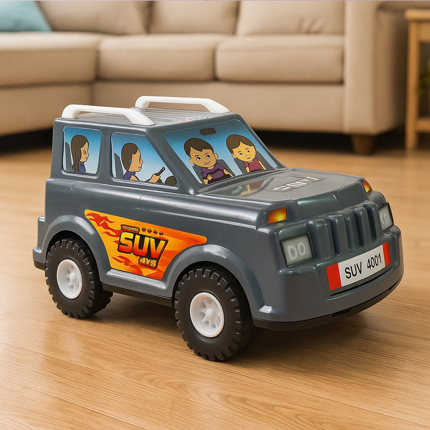 Wukusy Funwoods Kids Power SUV toy car, colorful plastic toy vehicle for children, front view showing detailed design and vibrant colors.