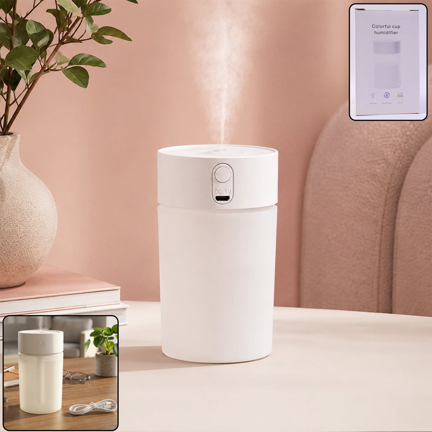 Wukusy mini portable USB humidifier with cool mist, built-in light, desktop air diffuser, compact and easy to use.