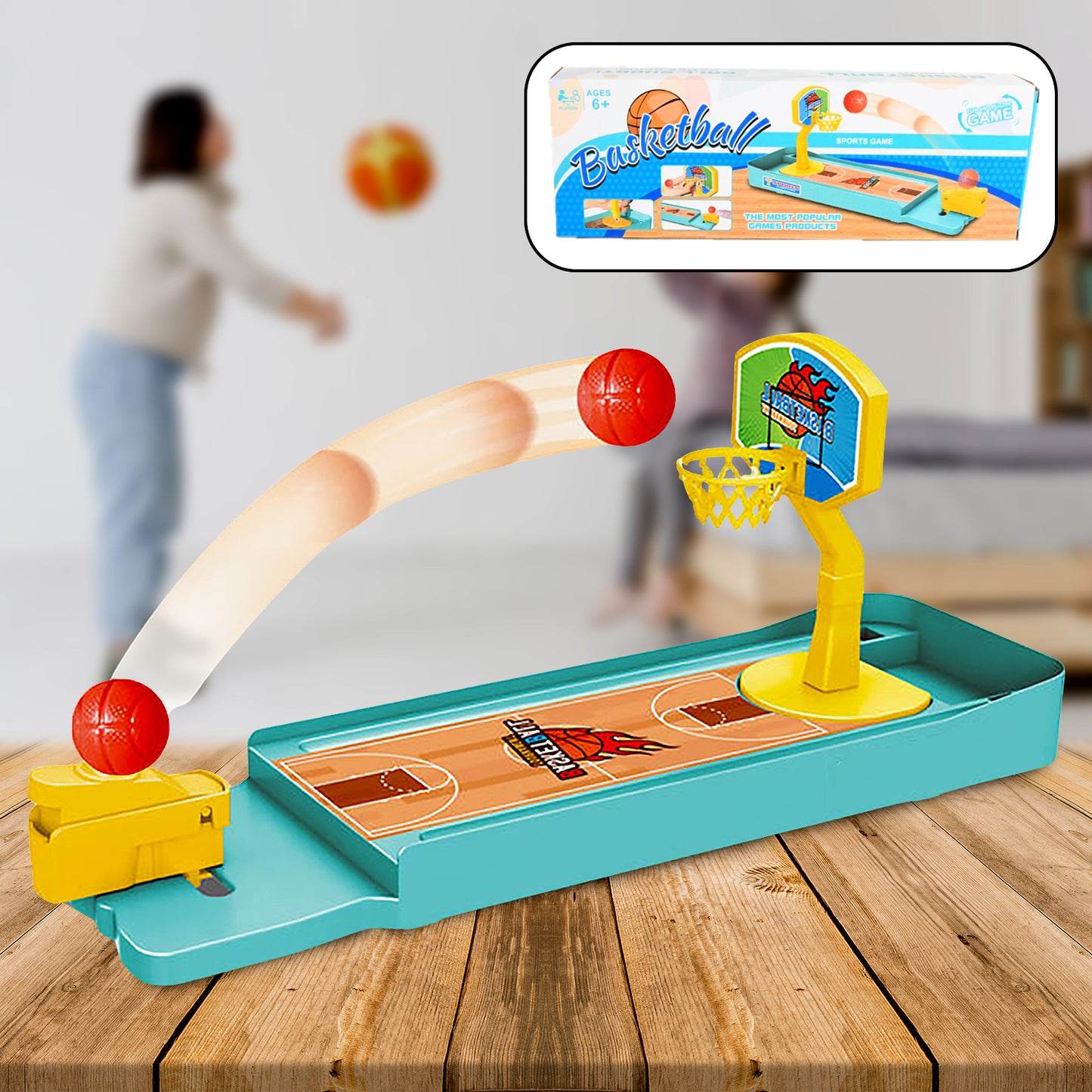 Wukusy mini finger basketball game on a desk, featuring small basketballs and a colorful tabletop setup for kids and family fun.