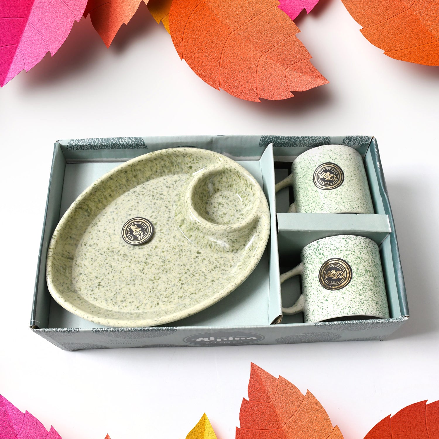 Wukusy Alpino ceramic tea cups set with 2-compartment platter, milk cup, and mugs, BPA-free, food-grade, for household or outdoor use