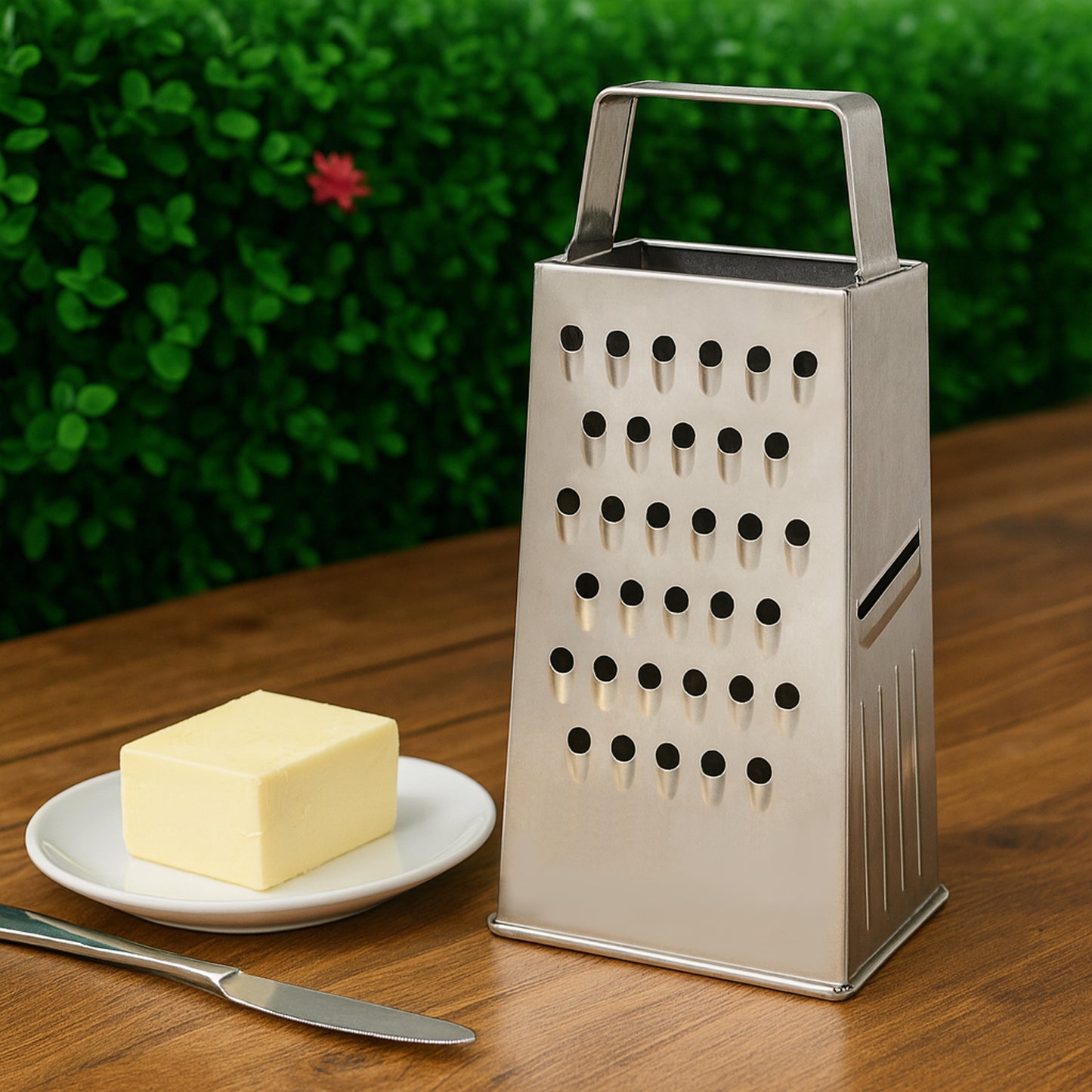 Wukusy Supermom Premium 5-in-1 stainless steel grater and slicer for versatile kitchen prep, with multiple blades and ergonomic handle.