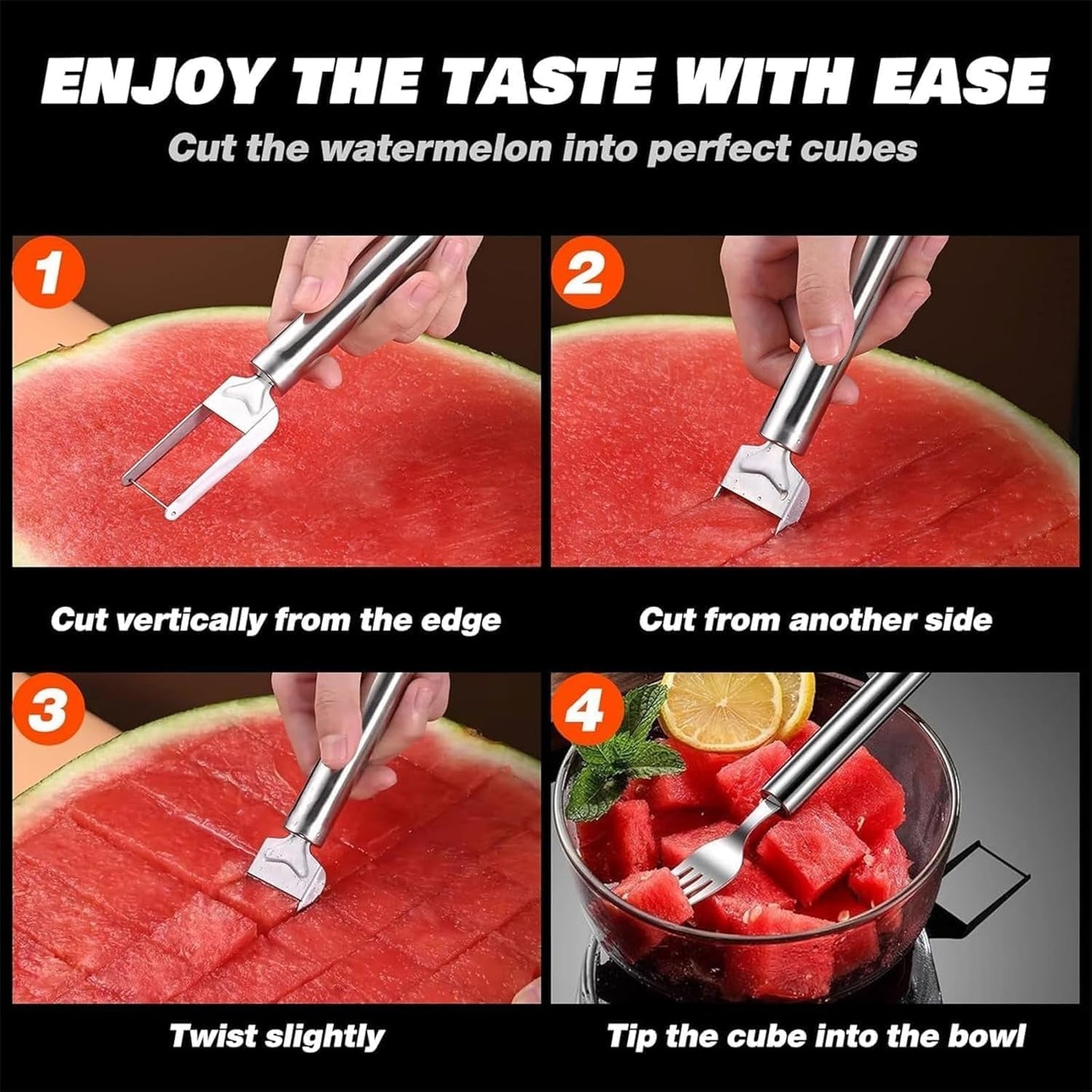 Wukusy stainless steel 2-in-1 watermelon slicer cutter with fork, shown cutting and serving fresh watermelon slices.
