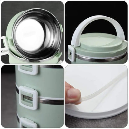 Ekom stainless steel multi-layer insulated lunch box with multiple compartments for hot food, ideal for kids and adults.