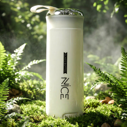 White glass water bottle by Wukusy, 400 ml capacity, with a sleek, clear design and a secure screw-on lid.