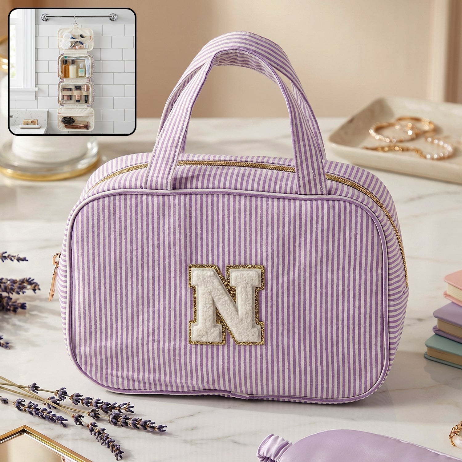 Wukusy travel multi-pocket toiletry bag hanging cosmetic organizer with compartments and zipper closures, shown hanging open.