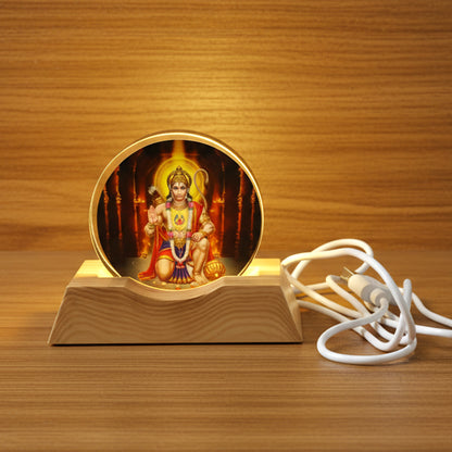 3D acrylic Hanuman Ji LED night lamp by Wukusy, featuring a detailed illuminated Hindu deity figure on a dark background
