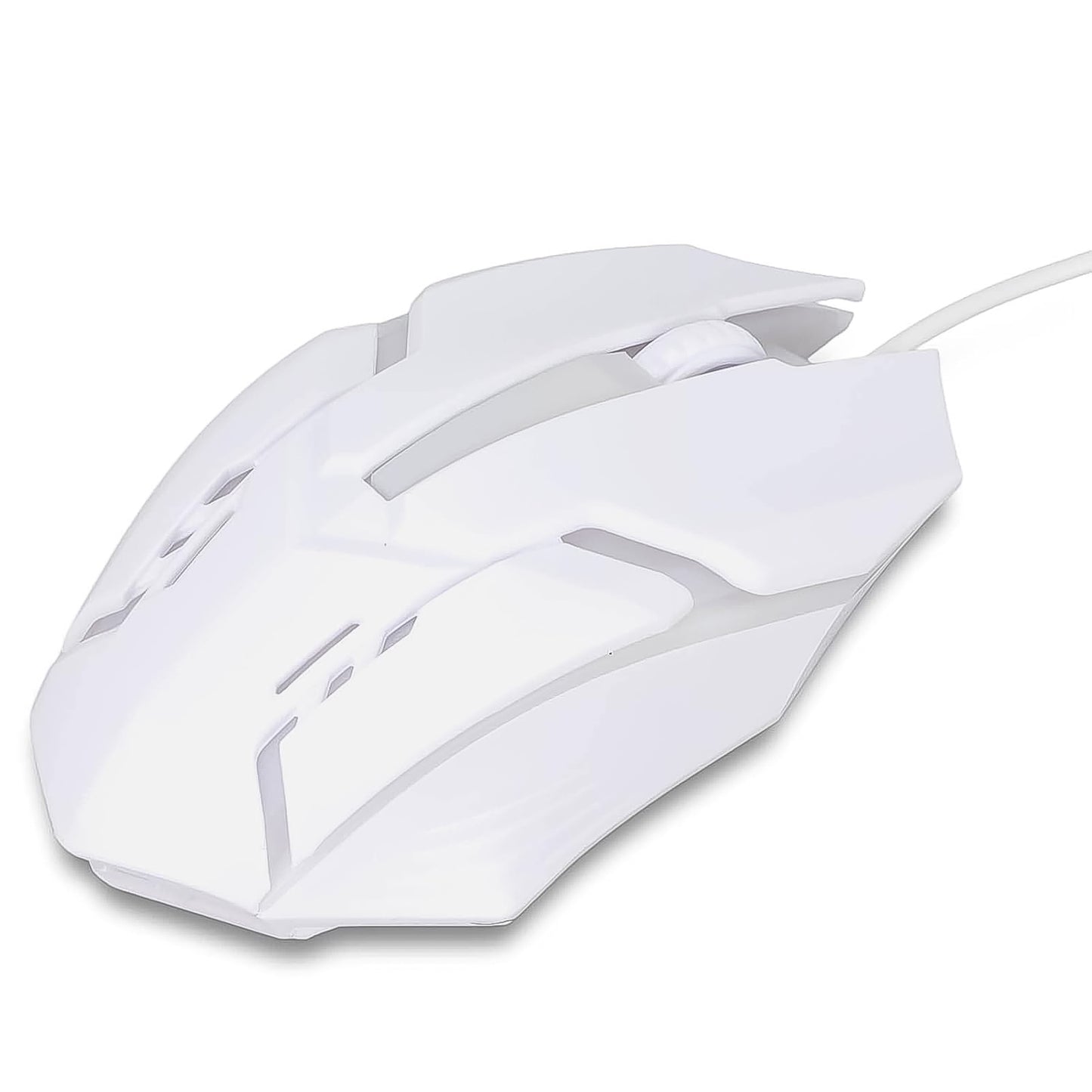 Wukusy USB wired gaming mouse with colorful luminous lighting and ergonomic white design on a plain background.