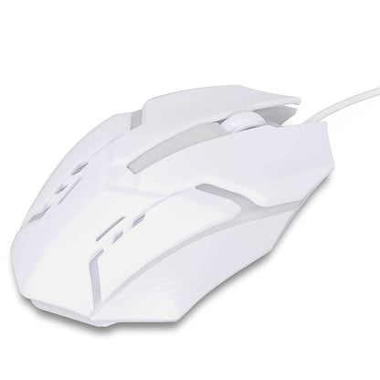 Wukusy USB wired gaming mouse with colorful luminous lighting and ergonomic white design on a plain background.