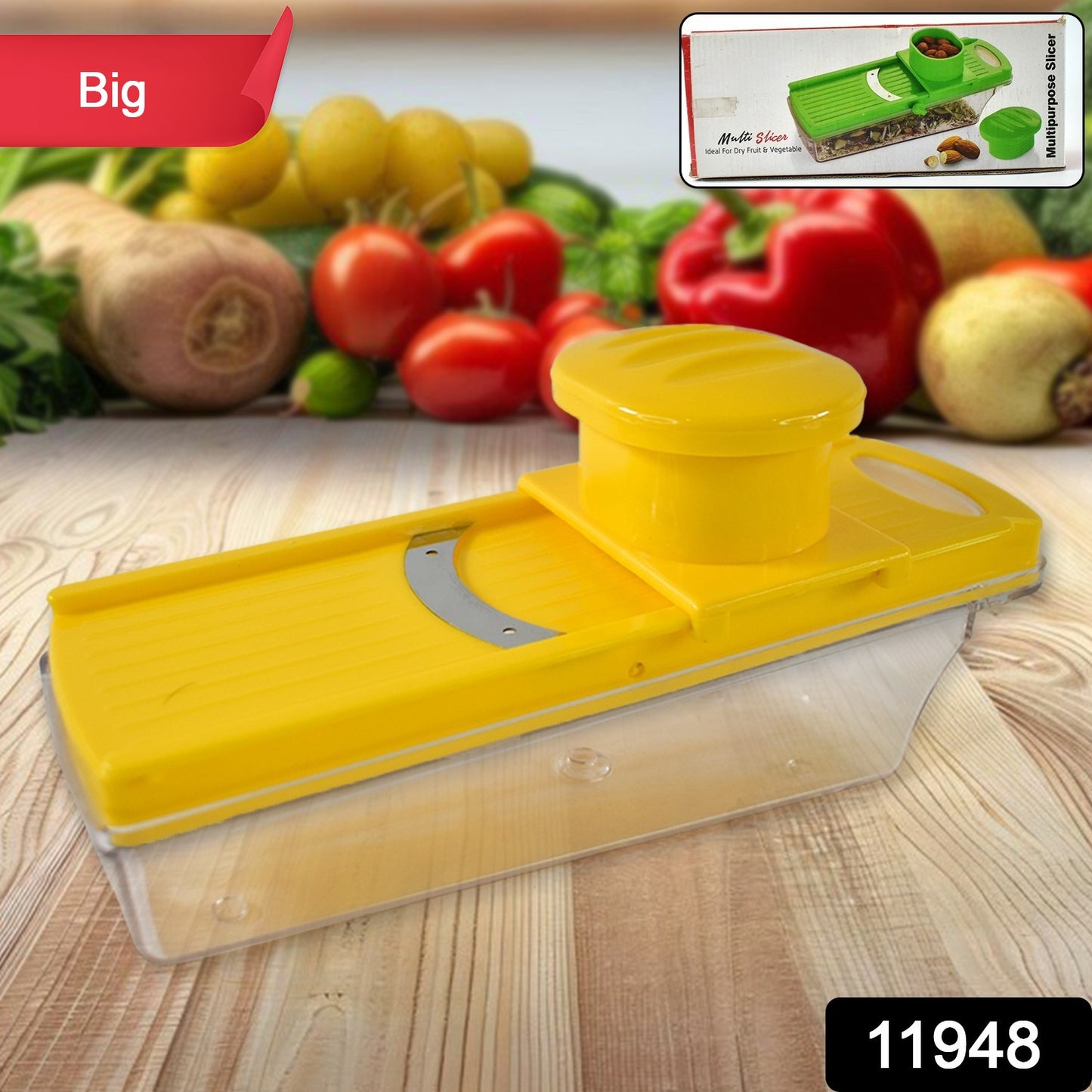 Wukusy yellow multi-purpose vegetable and fruit slicer with stainless steel blades on a white background.