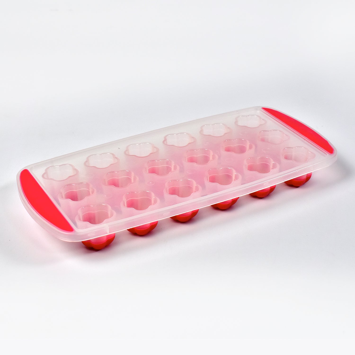 Wukusy 7165 flower-shaped ice mould tray with 18 cavities for making small, sphere, and flower-shaped ice cubes.