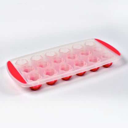 Wukusy 7165 flower-shaped ice mould tray with 18 cavities for making small, sphere, and flower-shaped ice cubes.