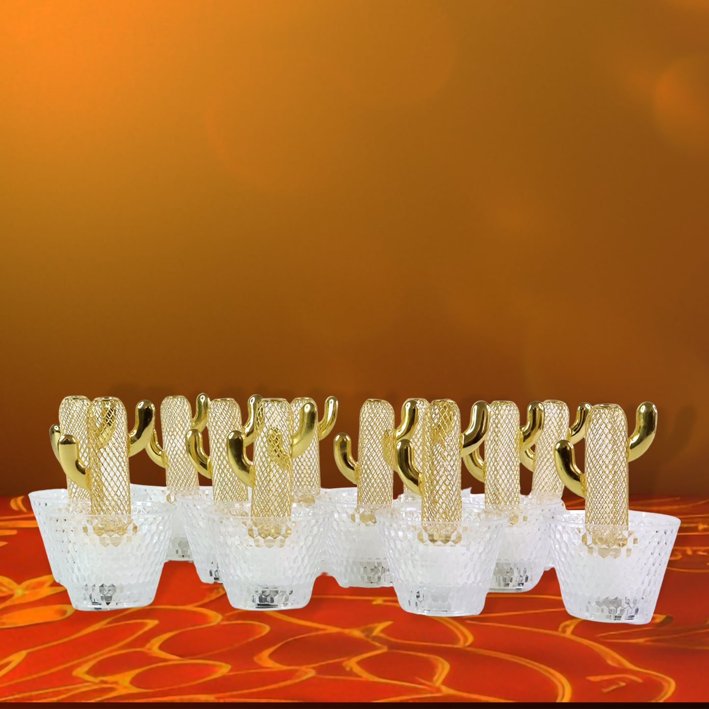 Set of 12 Wukusy decorative cactus-shaped LED tealight candles for home decor, featuring cactus designs and warm glowing light.