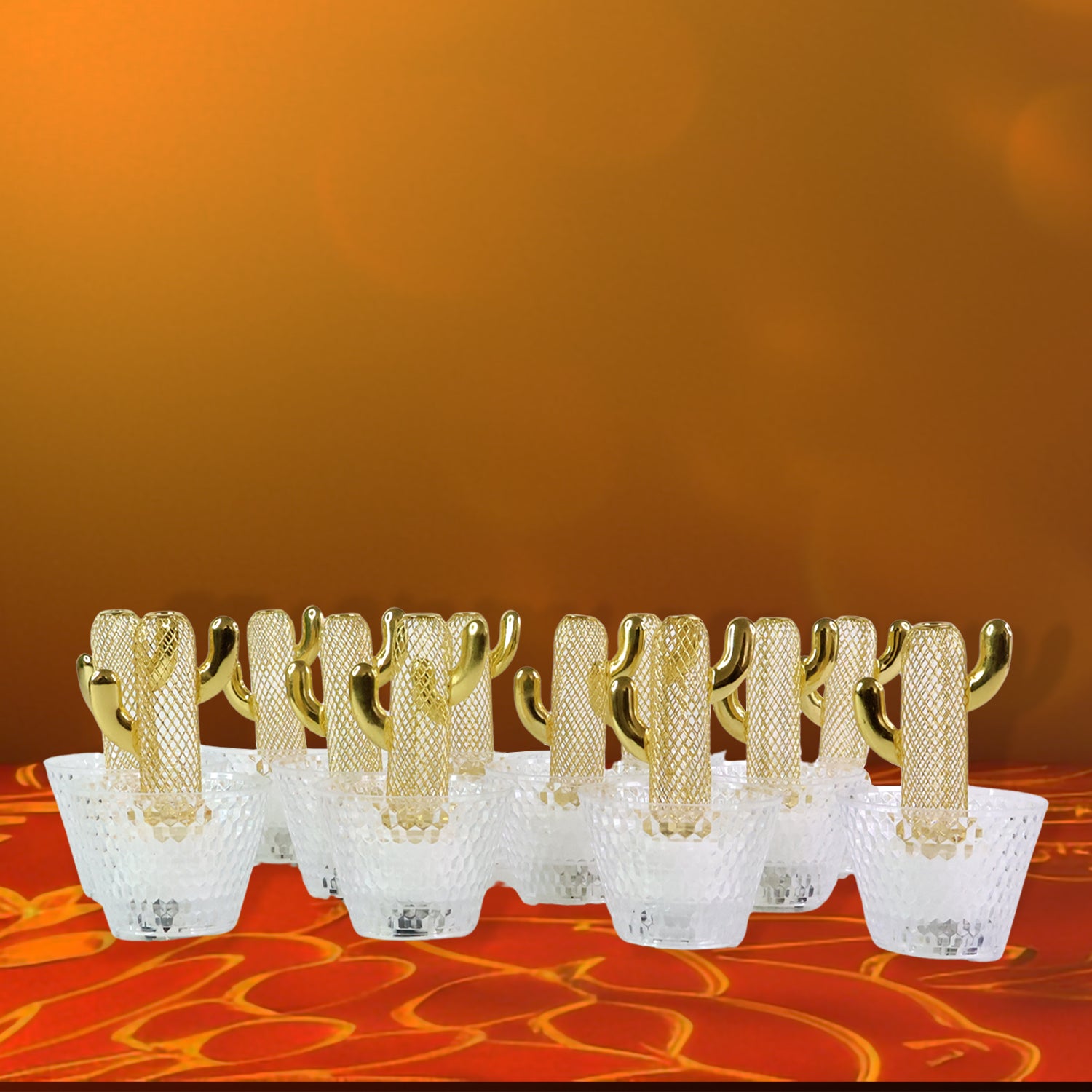 Set of 12 Wukusy decorative cactus-shaped LED tealight candles for home decor, featuring cactus designs and warm glowing light.