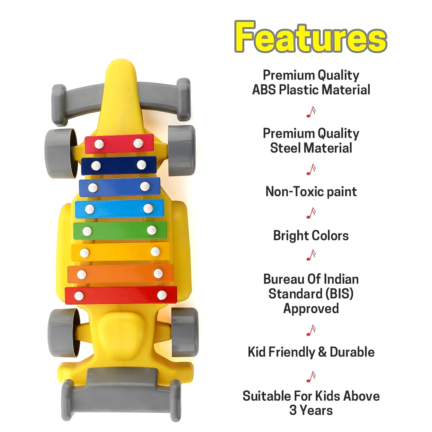 Wukusy musical car toy with plastic xylophone, colorful keys designed for kids' play and musical learning.