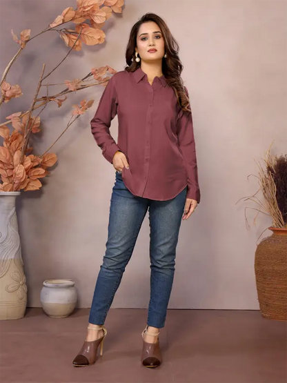 Ekom golden pure viscose women's collared neck hip-length half sleeve shirt hanging on a hanger.