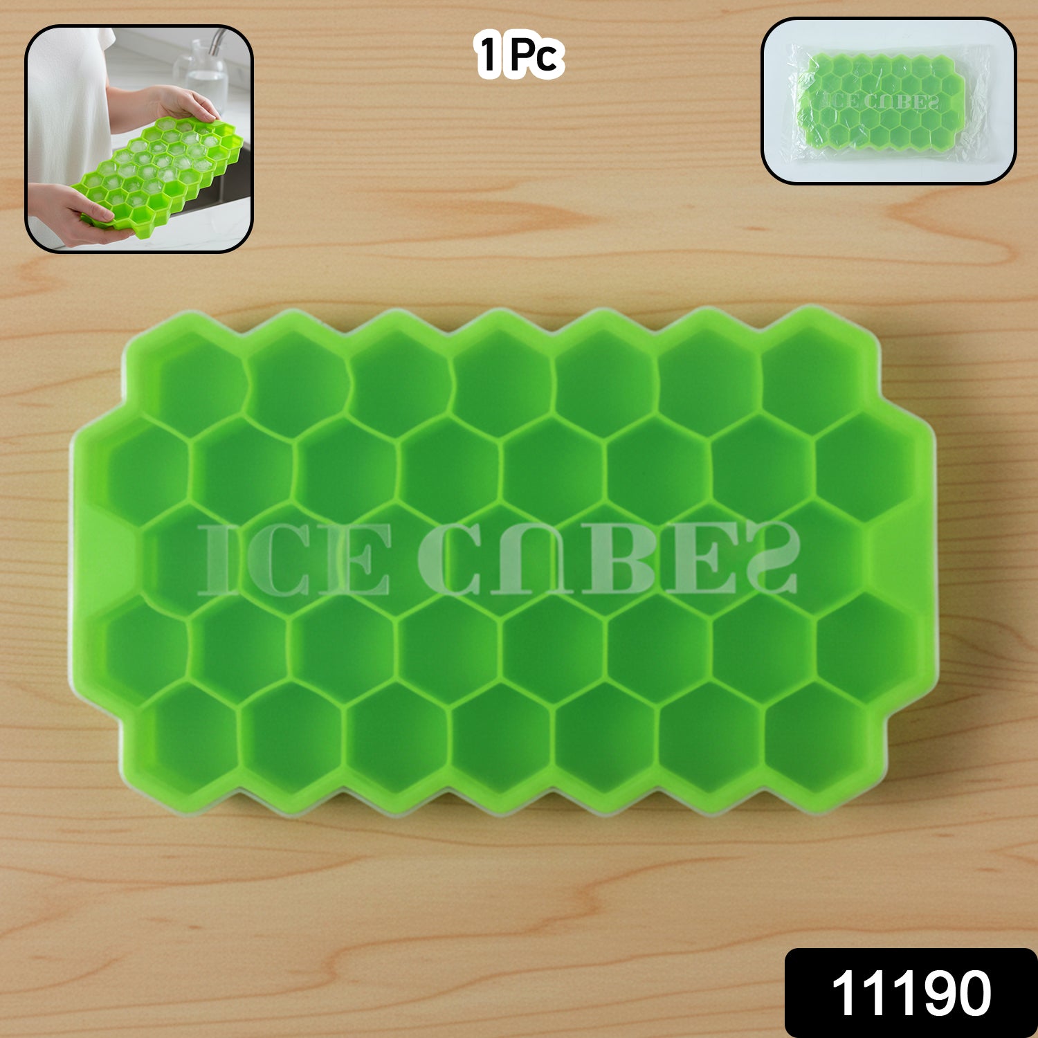 Wukusy premium honeycomb silicone ice cube tray with lid, showing multiple clear ice cubes in a gray tray on a kitchen countertop.