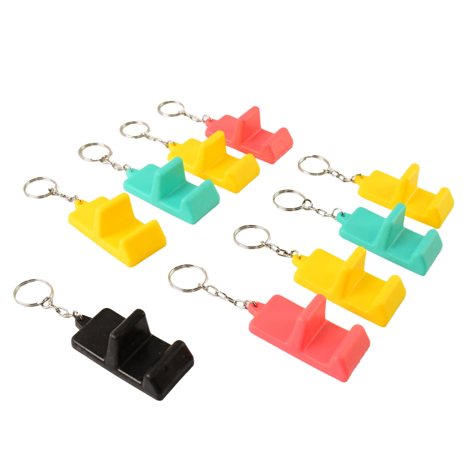 Set of nine Wukusy plastic 2-in-1 mobile stand keychains, compact mobile accessories with versatile stand and keyring features.