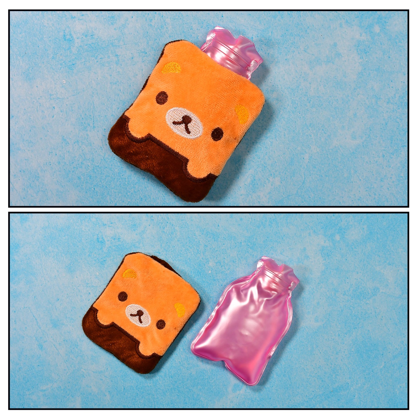 Brown panda print Wukusy small hot water bag with cover, used for pain relief, neck, shoulder, hand, feet warmth, and menstrual cramps.