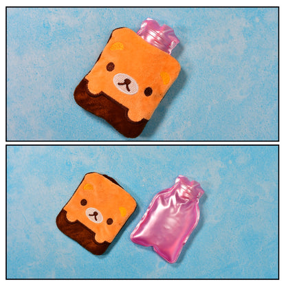 Brown panda print Wukusy small hot water bag with cover, used for pain relief, neck, shoulder, hand, feet warmth, and menstrual cramps.