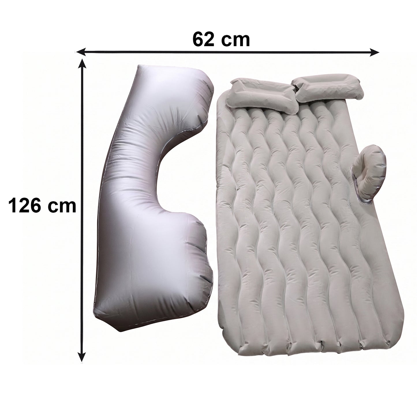 Grey portable Wukusy car air mattress bed set with pump and pillows, inflated and ready for use in a vehicle interior.