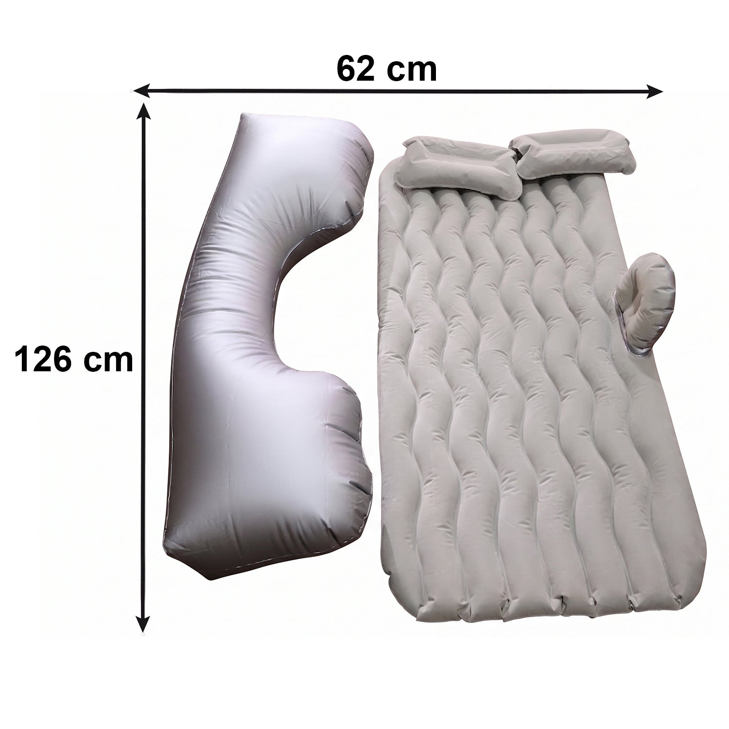 Grey portable Wukusy car air mattress bed set with pump and pillows, inflated and ready for use in a vehicle interior.