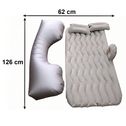 Grey portable Wukusy car air mattress bed set with pump and pillows, inflated and ready for use in a vehicle interior.