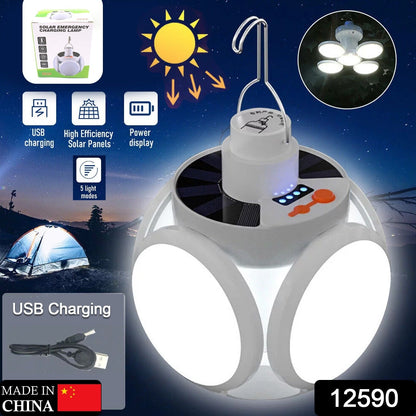 Wukusy 12590 solar multi-functional emergency LED camping lamp with USB charging, foldable, waterproof, and five brightness modes.