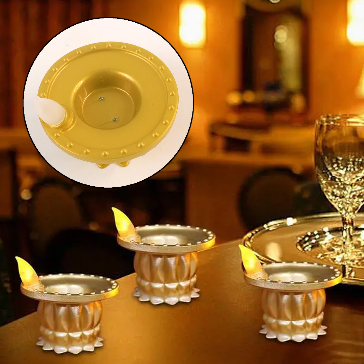 Set of 12 water sensor LED golden Diyas for home decor, featuring traditional design with glowing lights and elegant craftsmanship.