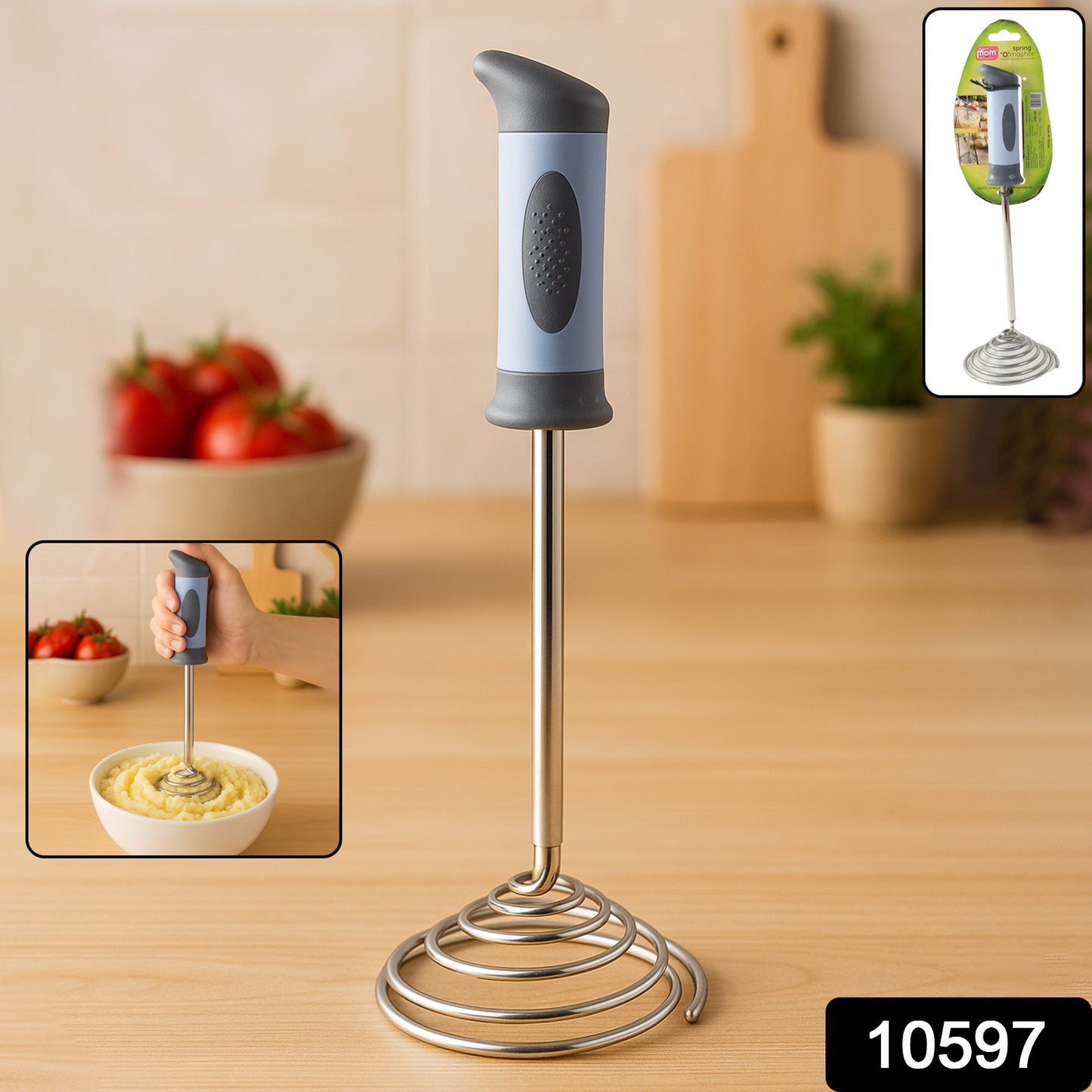 Wukusy Supermom Spring Omasher heavy-duty stainless steel vegetable and potato masher for kitchen use.
