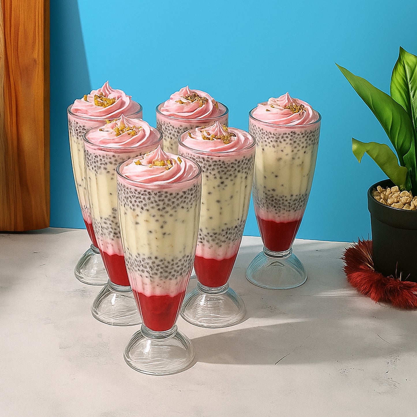 Set of six Wukusy Apex Premium Dessert Falooda Glasses, 400ml capacity, showcasing elegant glassware for desserts and beverages.