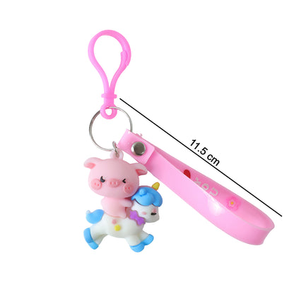 Cute pig riding a unicorn cartoon keychain by Wukusy, featuring colorful, playful design and detailed character illustration.