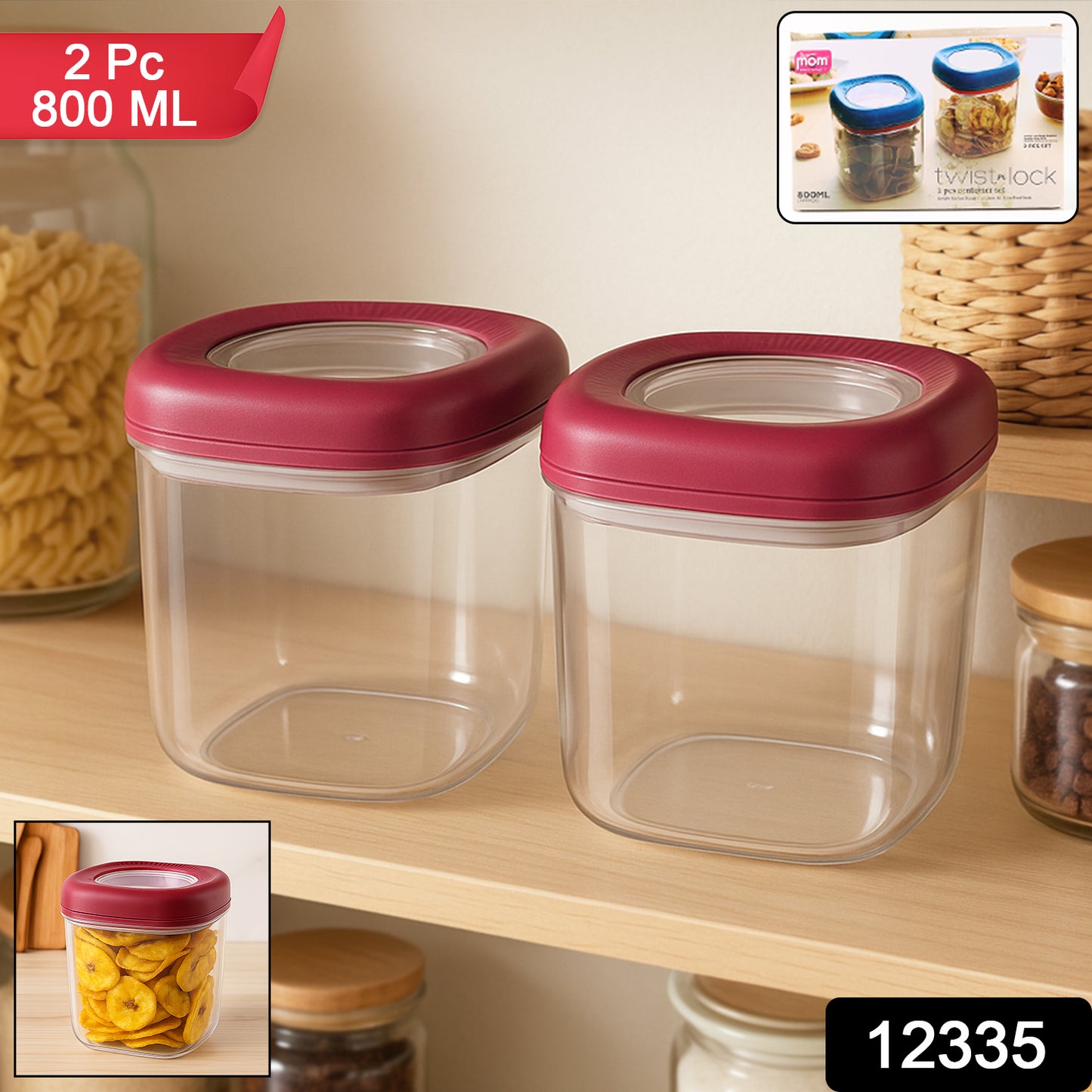 Wukusy transparent twist lock kitchen storage container set with two 800ml containers, featuring secure twist-lock lids and clear design