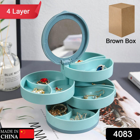 Wukusy 4-layer jewelry box with mirror, rotating design, accessory compartments, and portable storage for necklaces, earrings, and jewelry.
