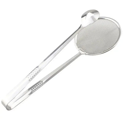 Ekom 2-in-1 stainless steel fry tool with clip, filter spoon and strainer for oil, frying, and BBQ tasks in the kitchen.