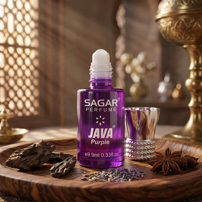 Wukusy Sagar Java Purple roll-on attar perfume oil in a 9.9 ml bottle, alcohol-free fragrance for men and women.