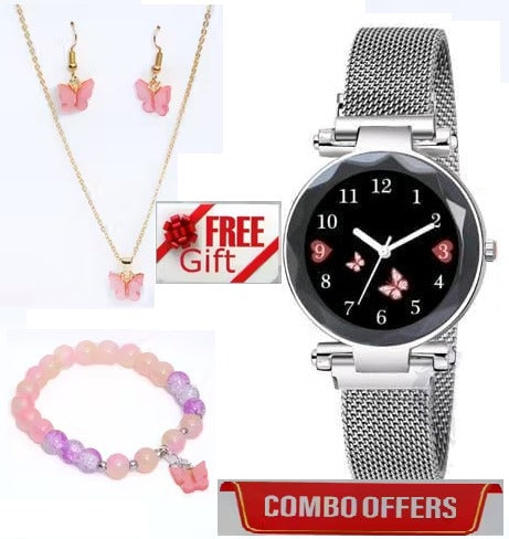 Women’s butterfly design analog watch with matching bracelet, necklace, and earrings from Drpshippr’s women’s collection.