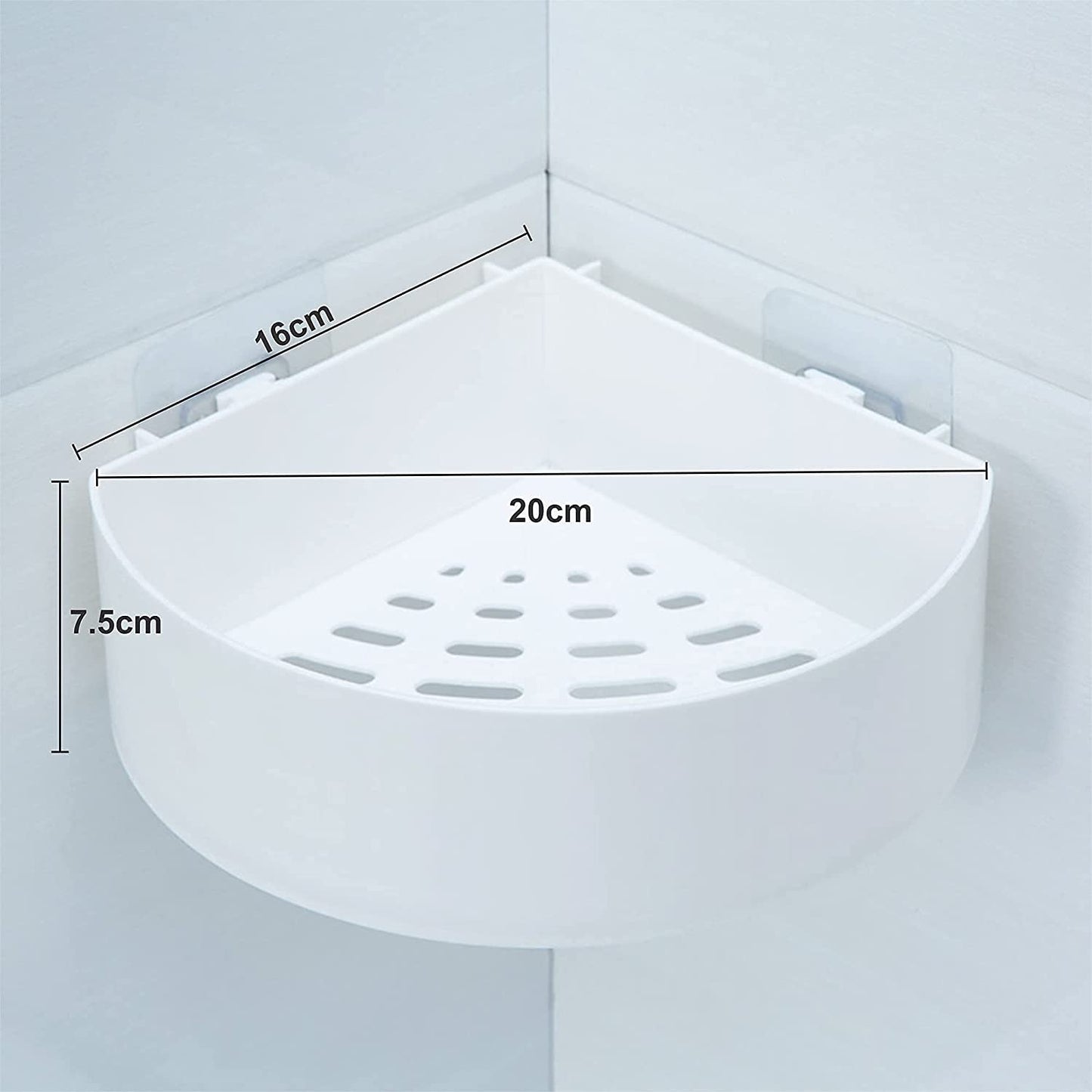 Wukusy corner shelf bathroom and kitchen rack, self-adhesive plastic shower caddy with triangle wall mount for storage.