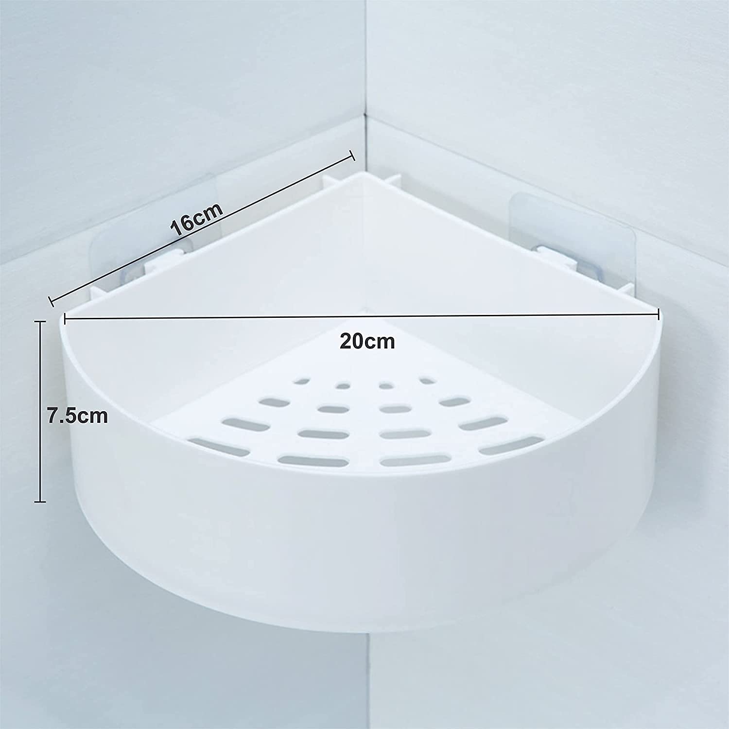 Wukusy corner shelf bathroom and kitchen rack, self-adhesive plastic shower caddy with triangle wall mount for storage.