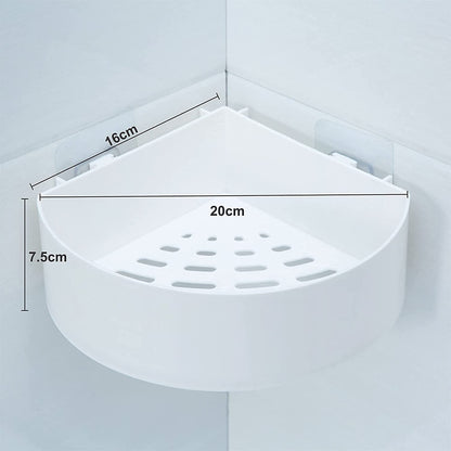 Wukusy corner shelf bathroom and kitchen rack, self-adhesive plastic shower caddy with triangle wall mount for storage.