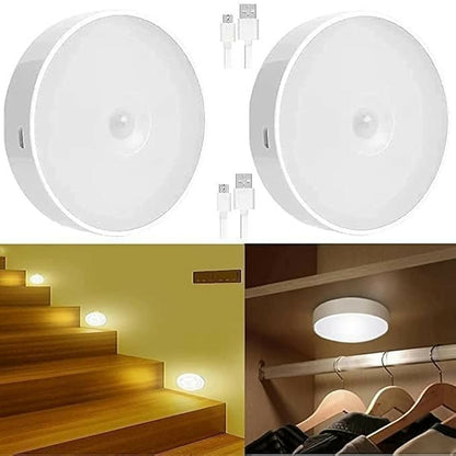 Wukusy rechargeable motion sensor LED night light with USB charging, showing compact design and sensor detection area.