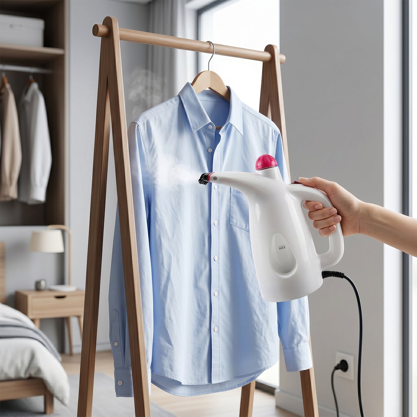 Wukusy multi-functional garment steamer with 200ml water capacity, handheld design, and steam nozzle for wrinkle removal.