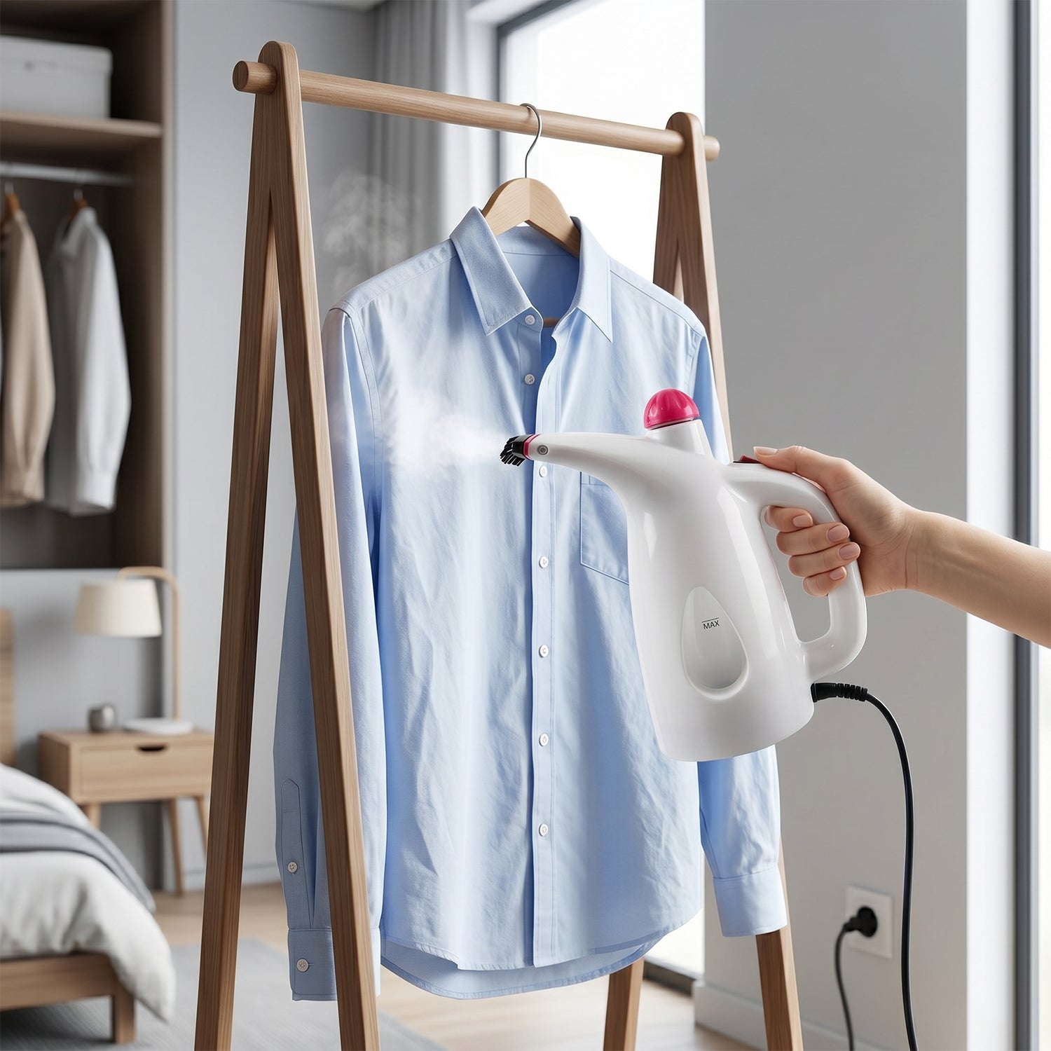 Wukusy multi-functional garment steamer with 200ml water capacity, handheld design, and steam nozzle for wrinkle removal.
