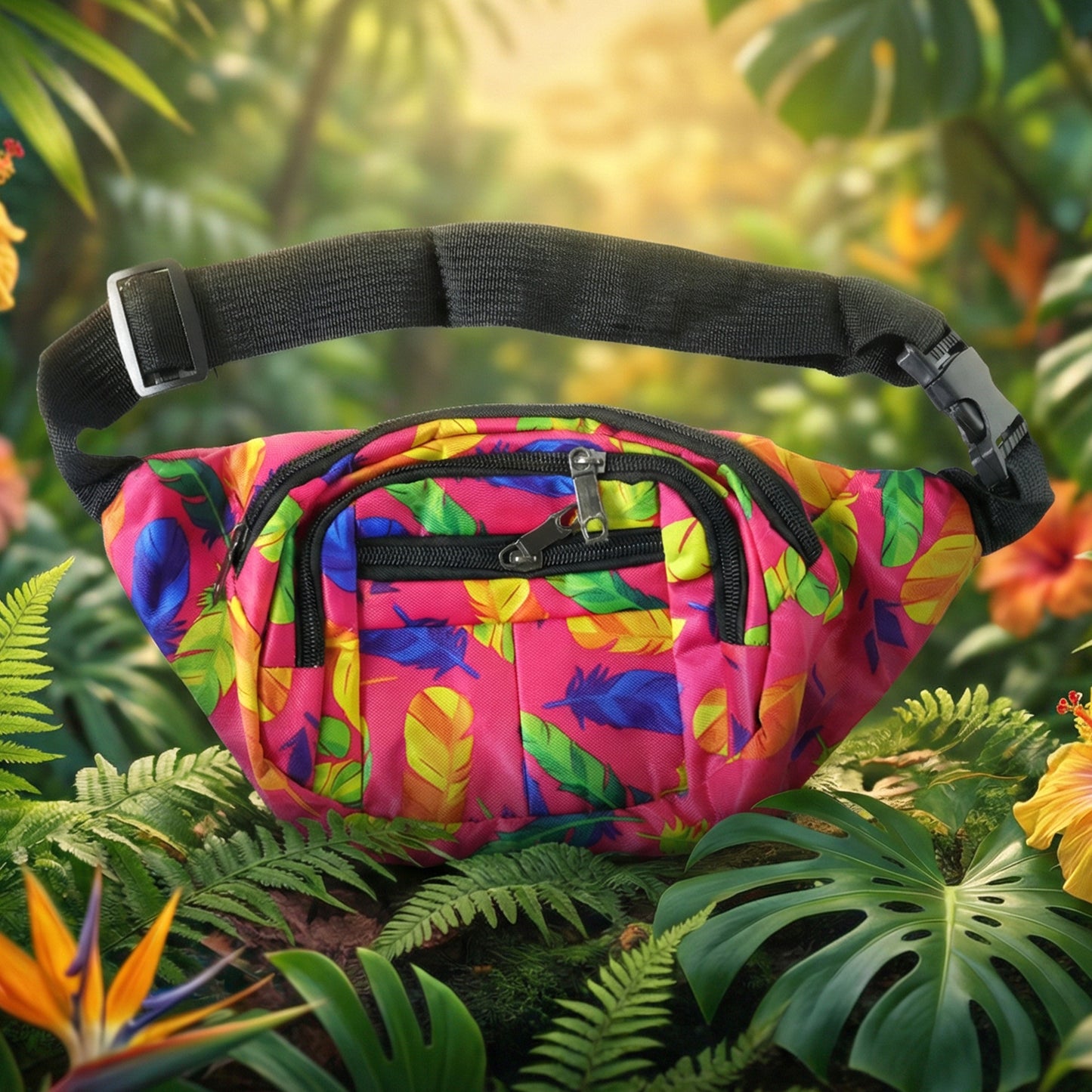 Wukusy stylish printed waist bag with adjustable strap, featuring colorful pattern and compact design for hands-free carry.