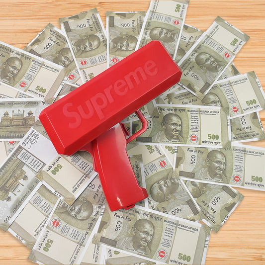 Wukusy Money Gun Shooter toy cash cannon spraying play money, fun for parties, weddings, and birthday celebrations.
