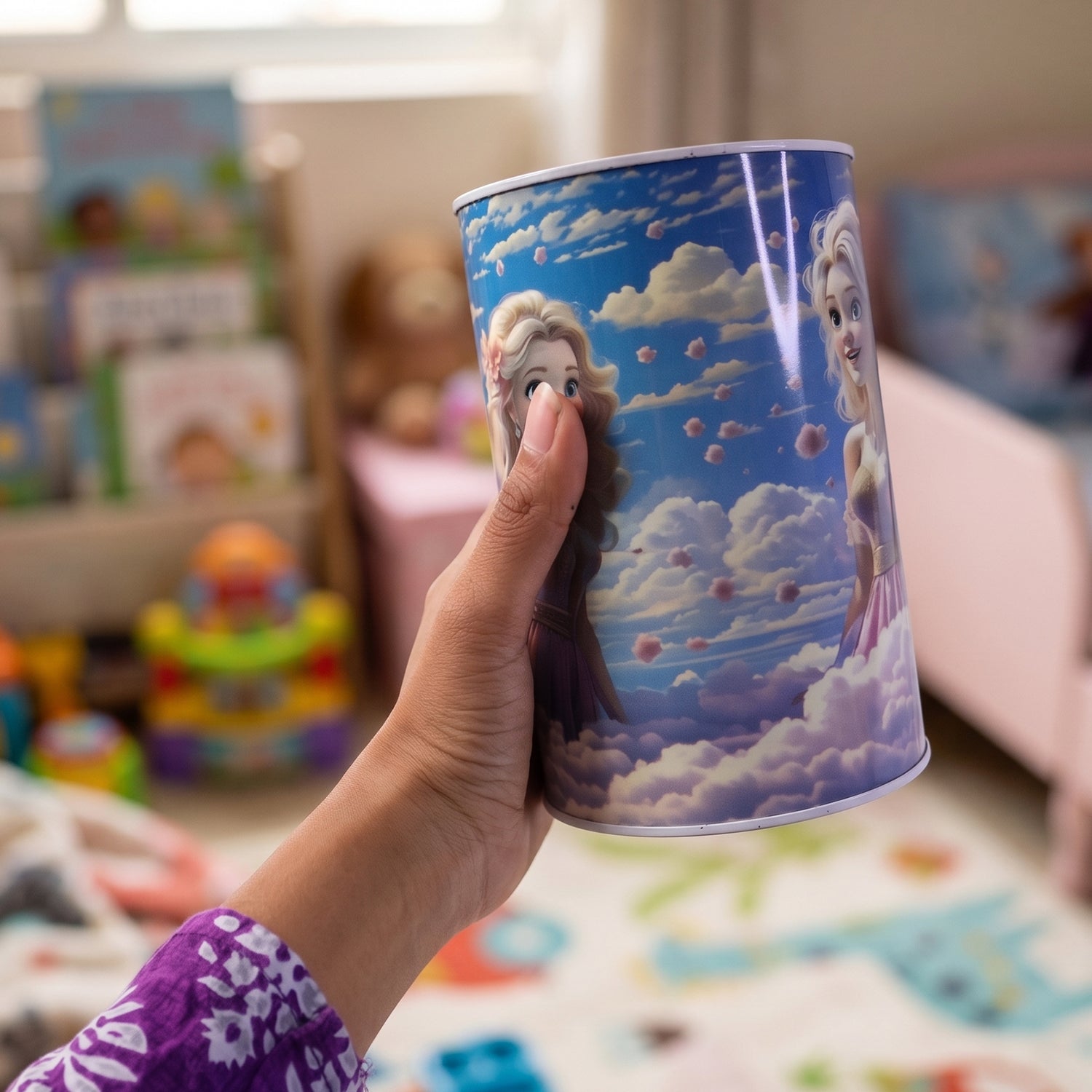 Cute princess cartoon printed metal coin saving box for kids, featuring a colorful design and a slot for coins.